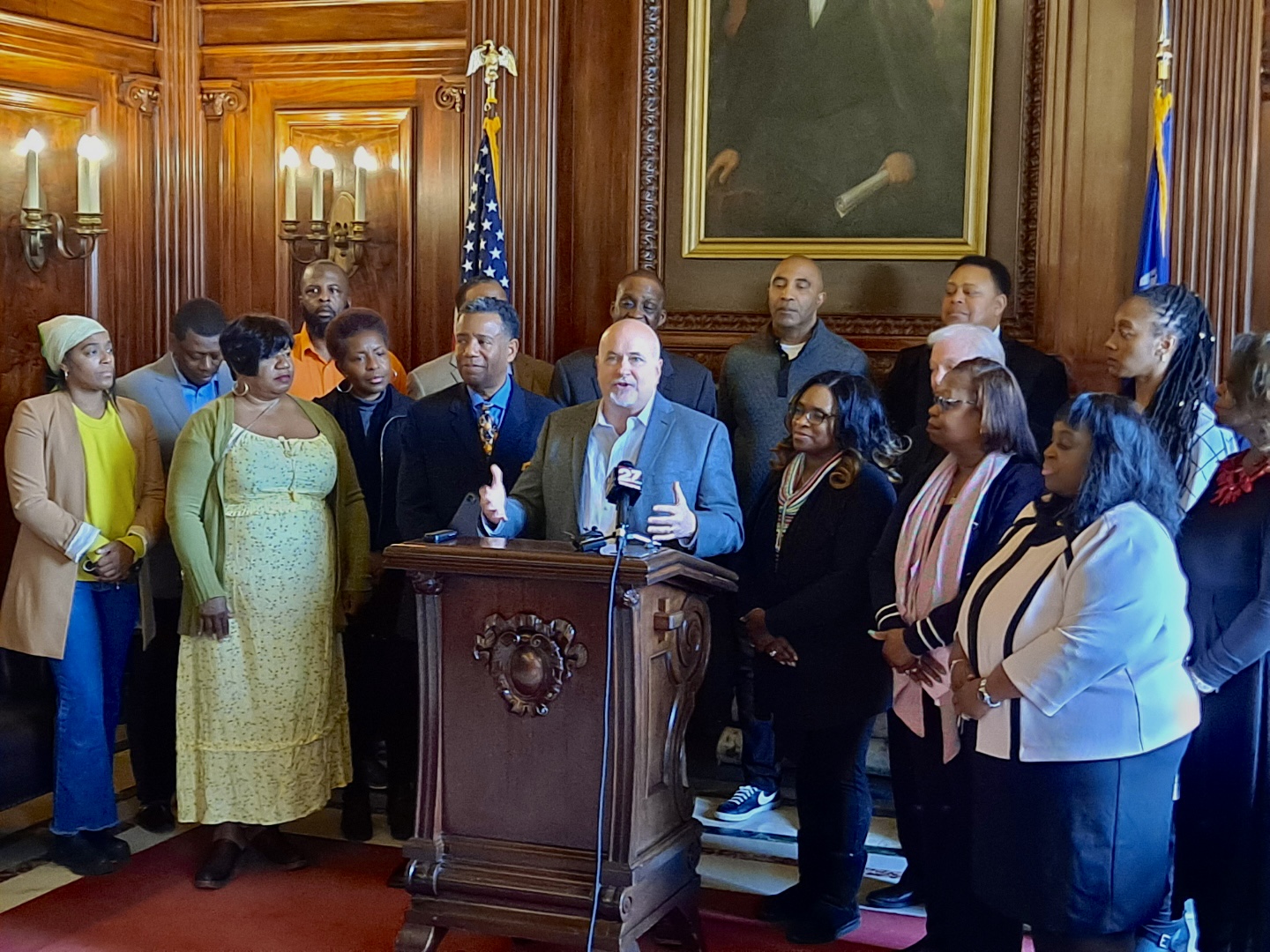 Rep. Pocan addressing the media with Dr. Gee and supporters of the Center for Black Excellence and Culture