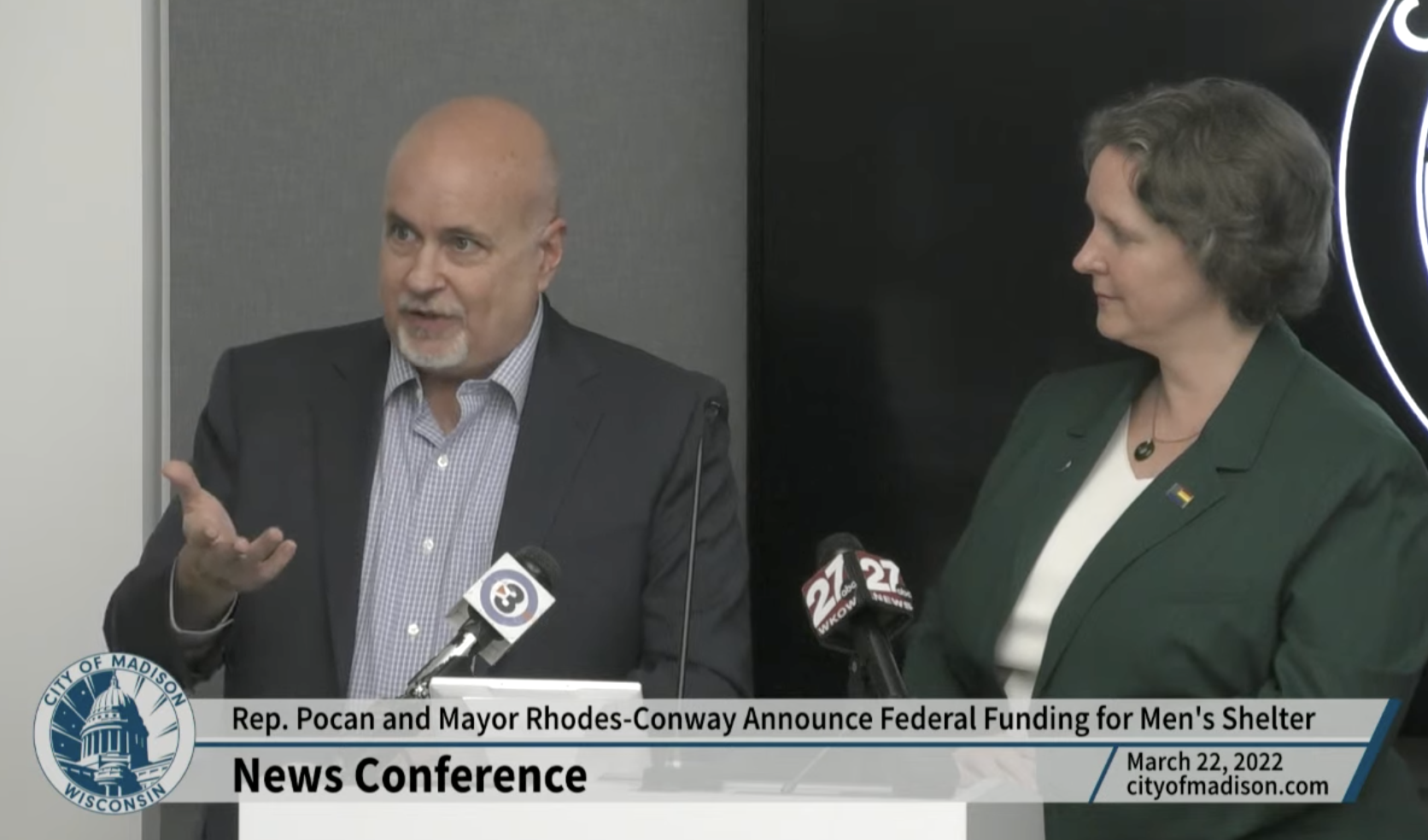Rep. Mark Pocan with Mayor Rhodes-Conway at Press Conference.